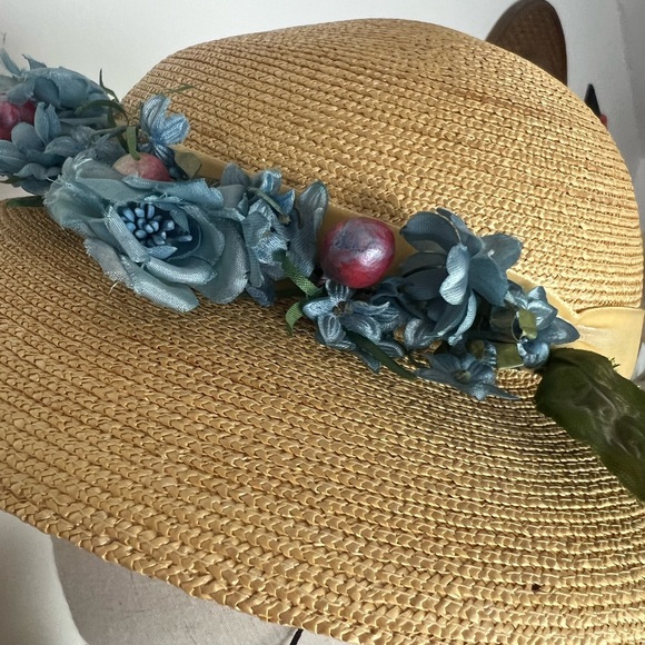 BLUE FLORAL 50’s 50s Cherries Berries & Pearls Vintage Straw Brimmed Sunhat Hat - Picture 13 of 16